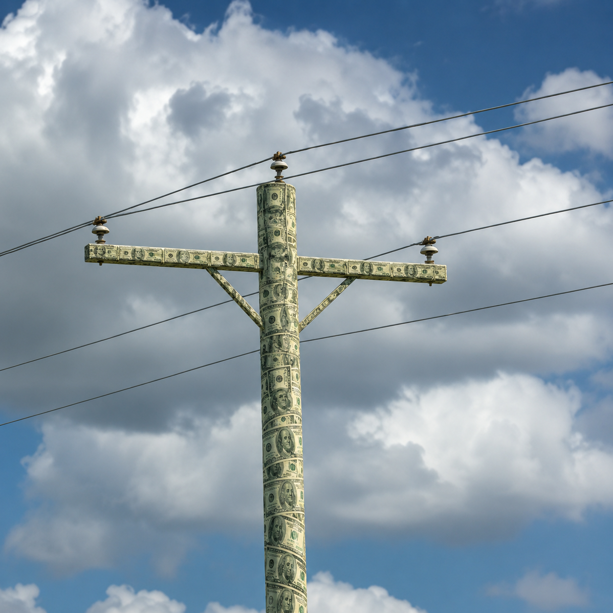 A utility pole completely wrapped in US dollar bills against a blue cloudy sky