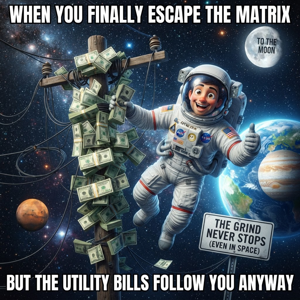 An astronaut in space next to a pole covered in cash