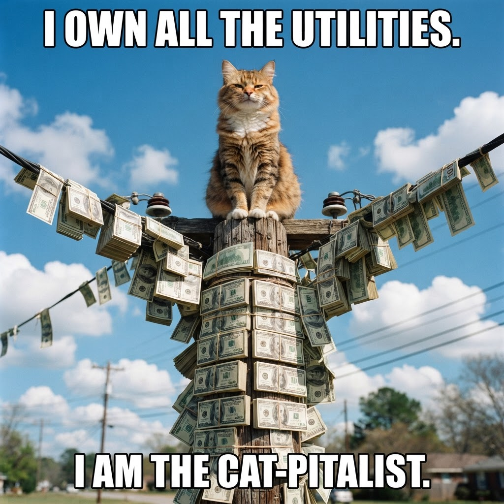 A cat sitting on top of a pole covered in dollar bills