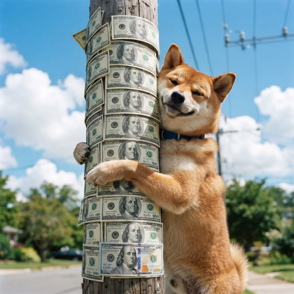 A doge dog hugging a pole covered in dollar bills